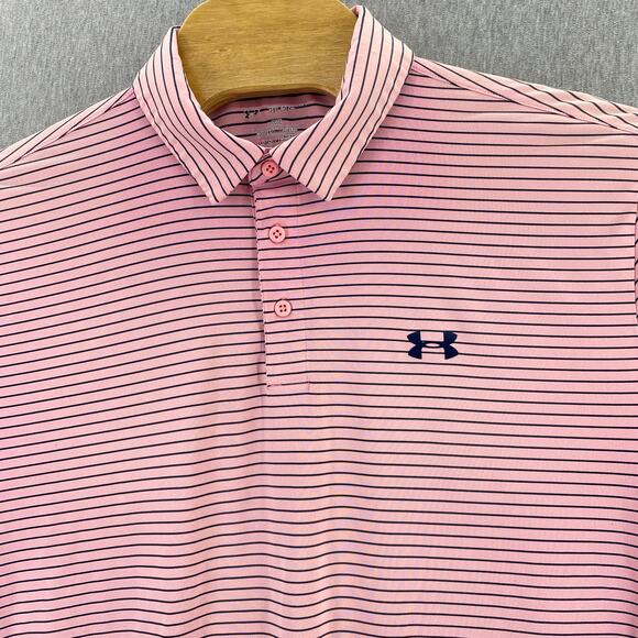 Under Armour Heatgear Golf Polo Pink Black Stripe Loose‎ Fit  Mens Size 2XL - Picture 2 of 6